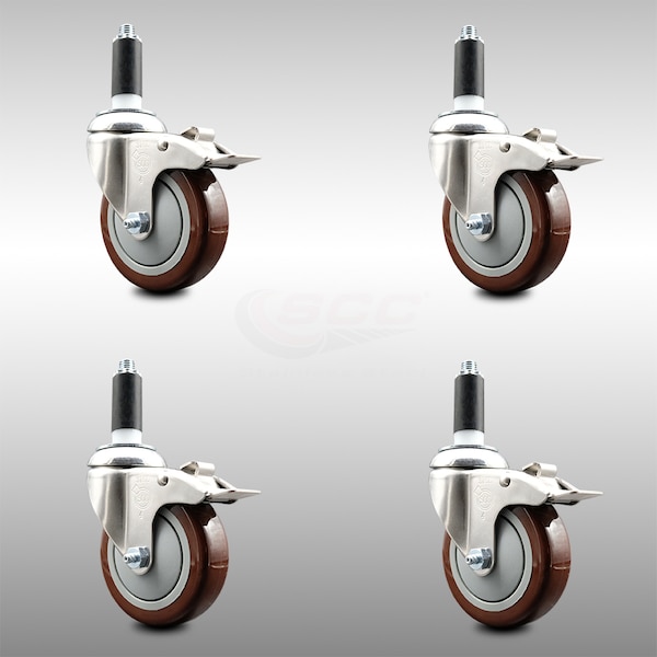 Service Caster 4 Inch 316SS Maroon Poly Swivel 1 Inch Expanding Stem Caster Set Lock Brake SCC-SS316TTLEX20S414-PPUB-MRN-1-4 - main